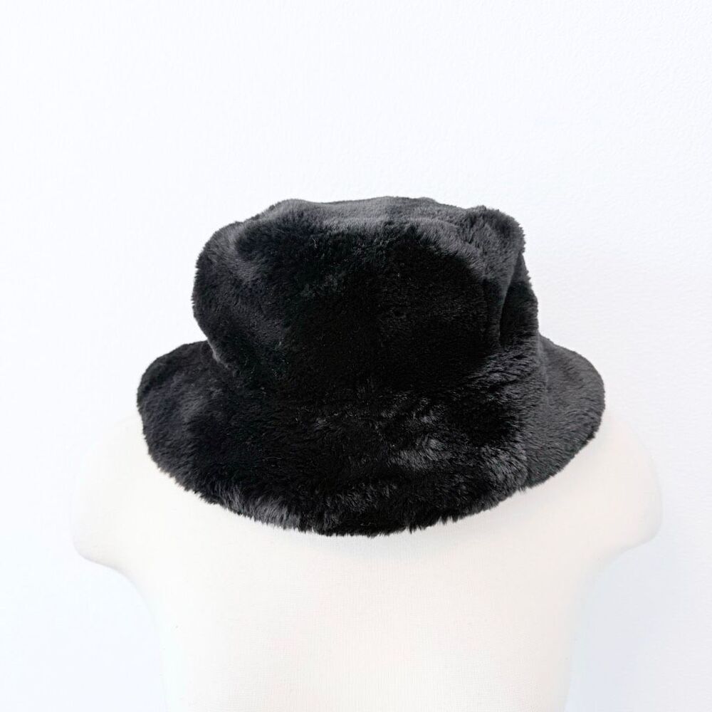 Mixit Faux Fur Black Bucket Hat Wide Brim Quilted Y2K